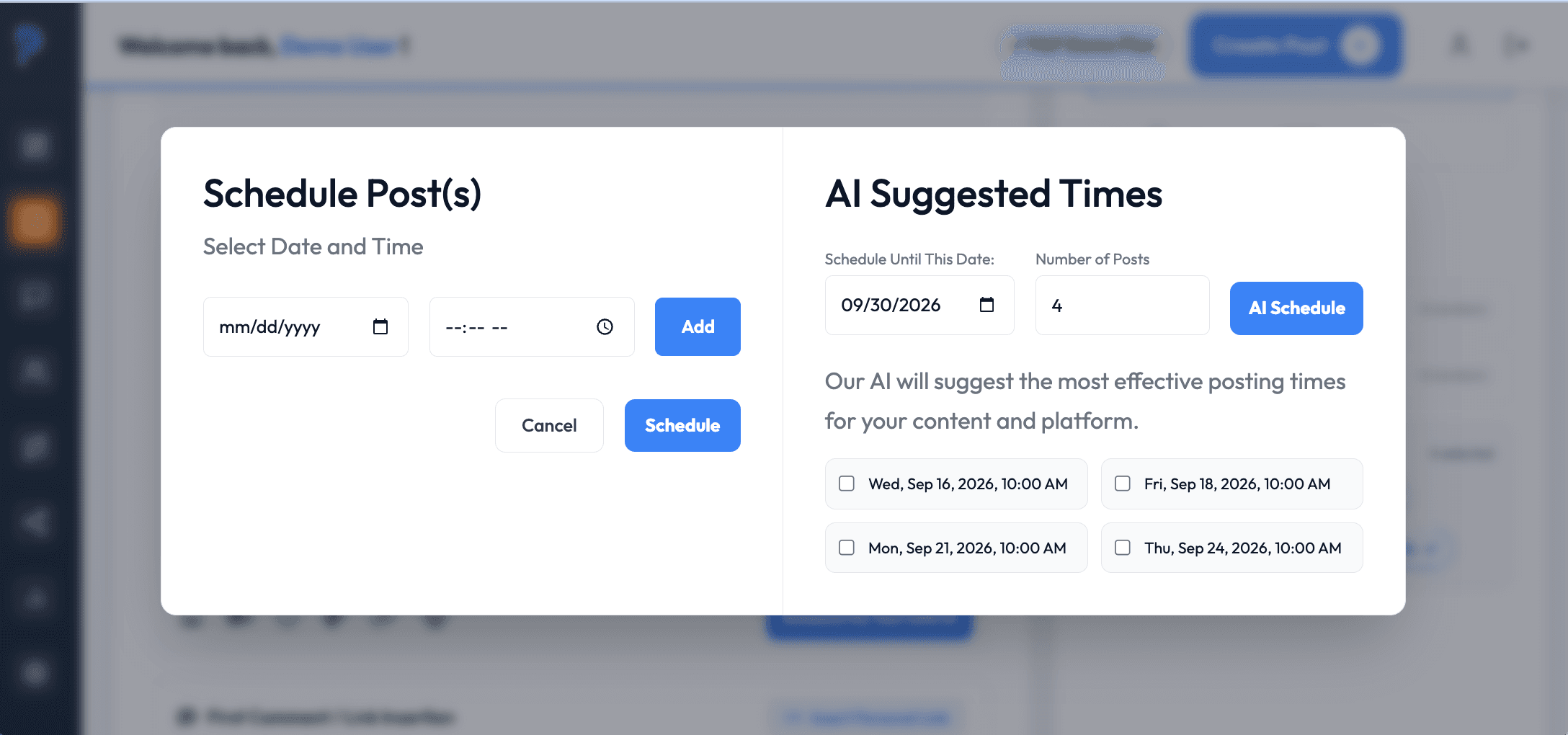 Network marketing social selling calendar and AI suggested times