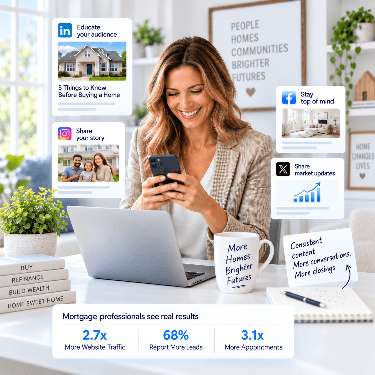 PostAutoPilot mortgage workflow showing plan, personalize, remind, and distribute stages for loan officer social selling