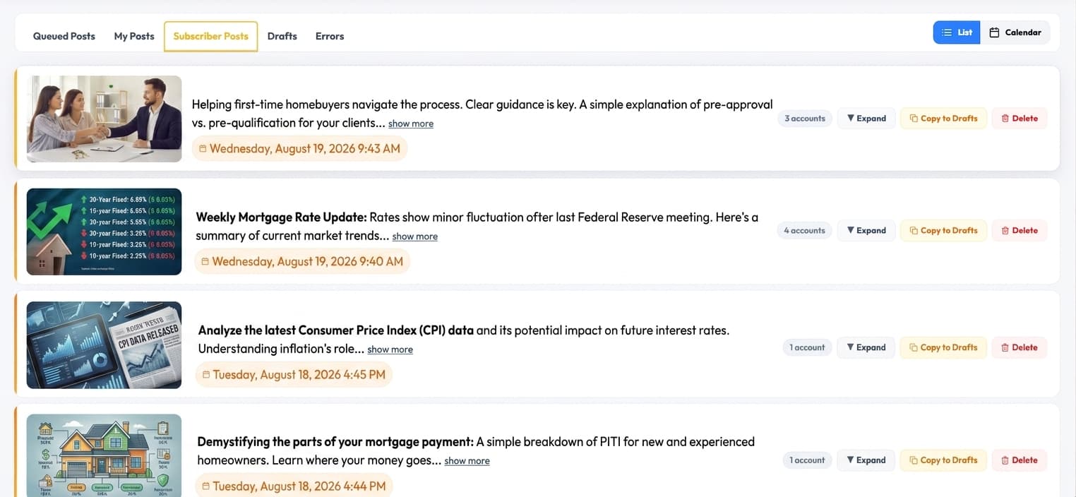 Mortgage subscriber posts distributed through PostAutoPilot