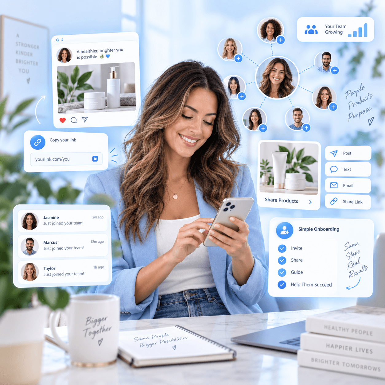 Network marketing social selling hero image with team growth overlays, product sharing, onboarding, and personal link elements