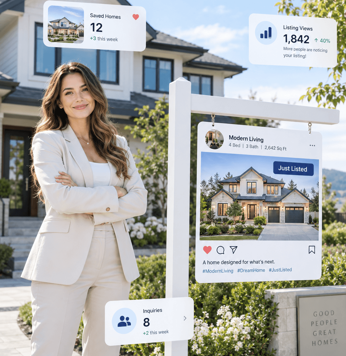 Real estate agent outside a home with a sign post styled like a social media listing post