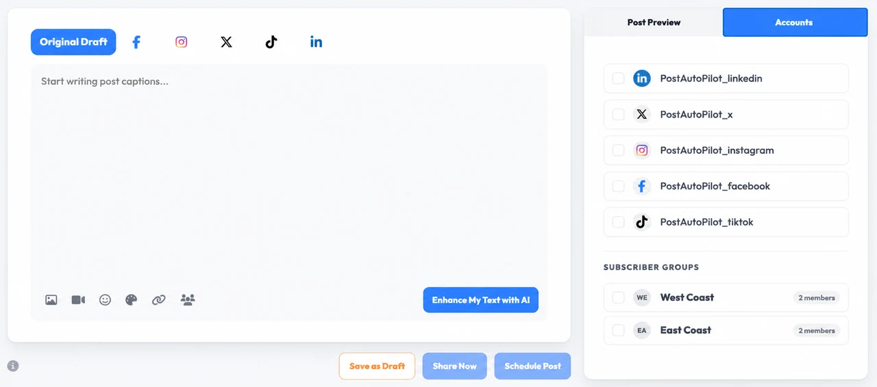 Illustrative example of the PostAutoPilot post composer with platform tabs, accounts, and subscriber groups