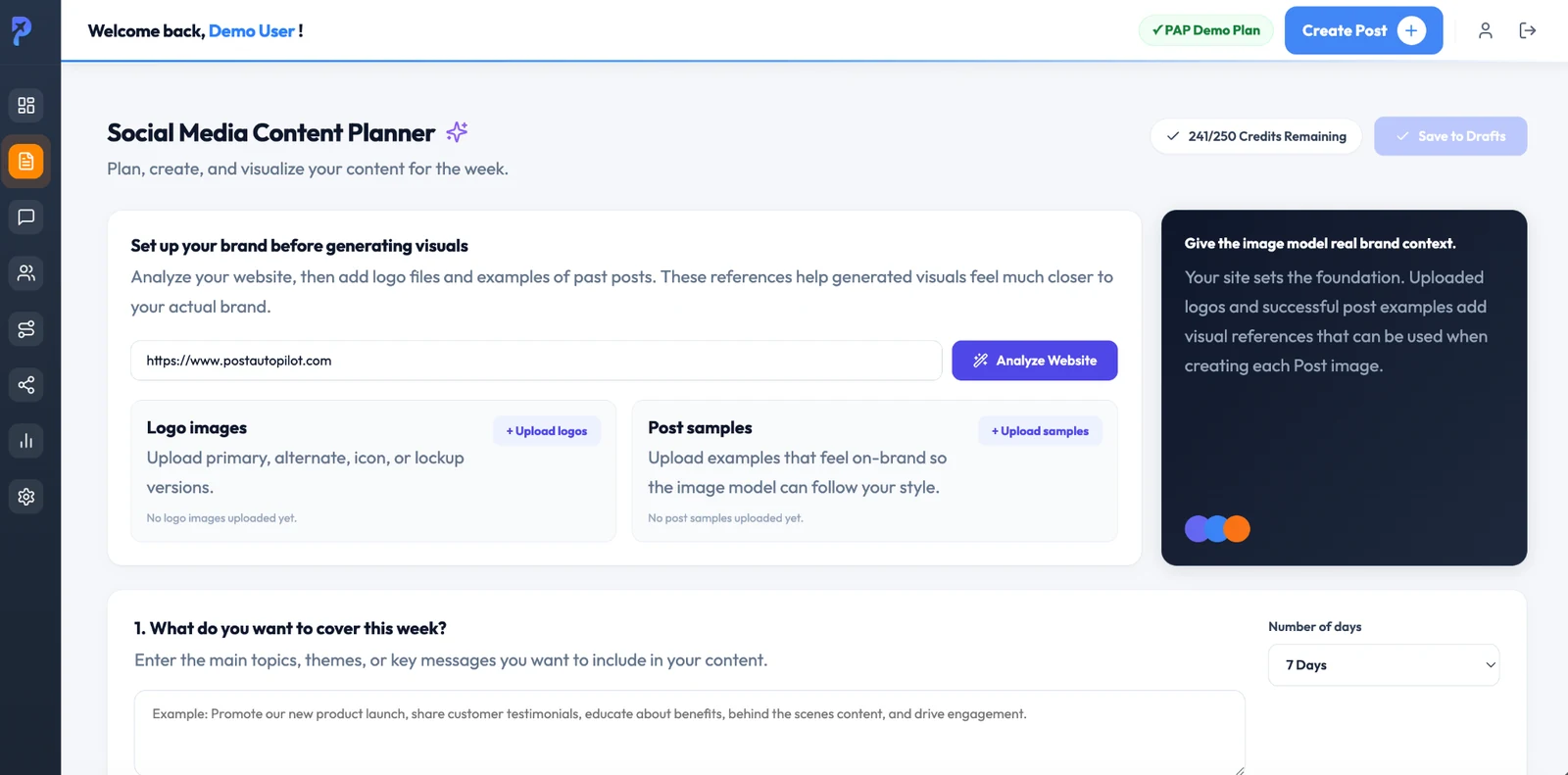 Content Planner brand setup and weekly content generation
