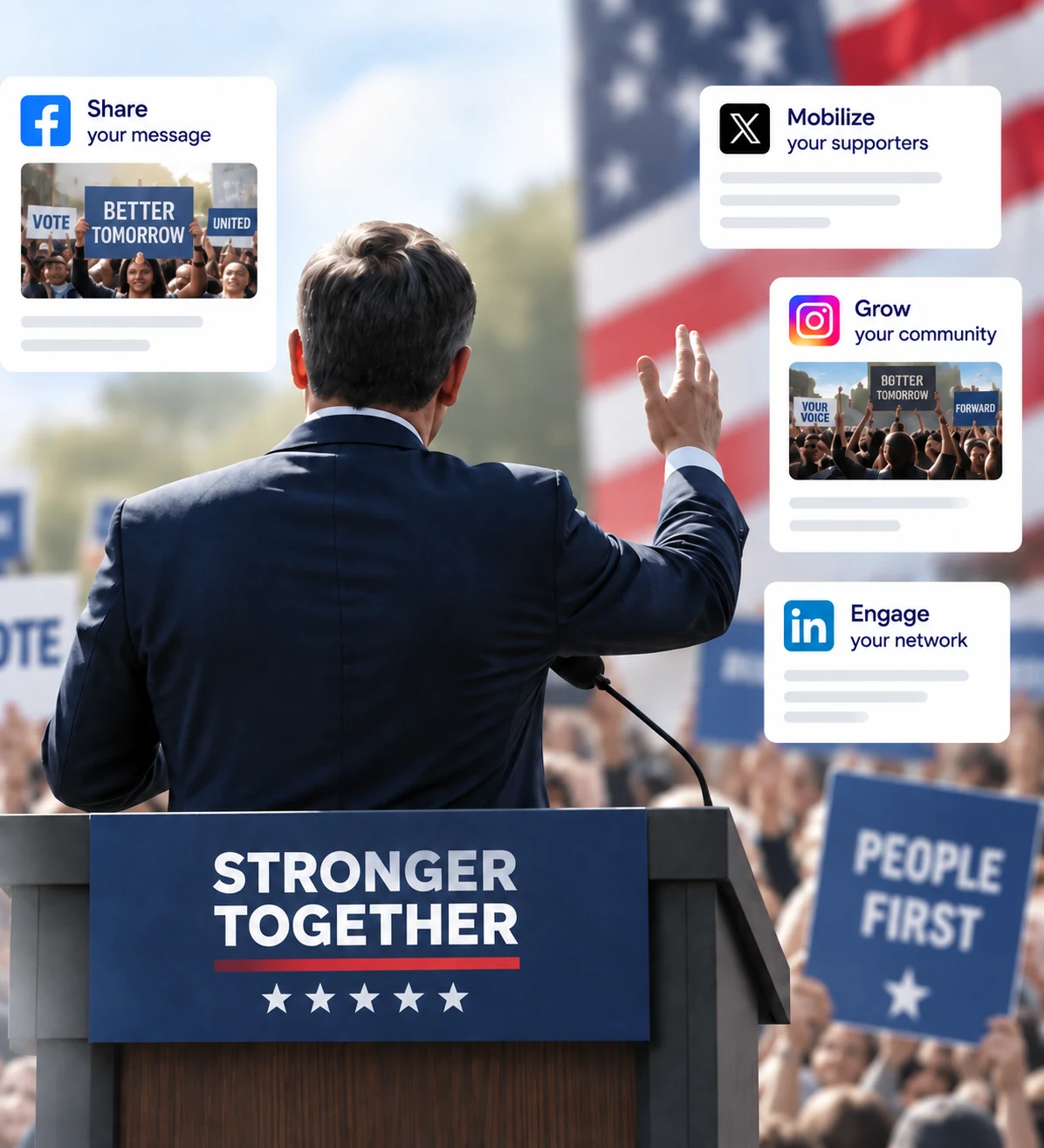 Candidate speaking at a rally with social post cards showing supporter content across Facebook, X, Instagram, and LinkedIn.